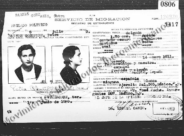 Ficha documento de migración y asilo de Petra Barnés González. Fuente: http://pares.mcu.es/MovimientosMigratorios/detalle.form?nid=12068.