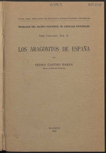 Portada del trabajo Los aragonitos de España de Pedro Castro Barea. Fuente: http://simurg.csic.es/view/CSIC000163983/los-aragonitos-de-espana.