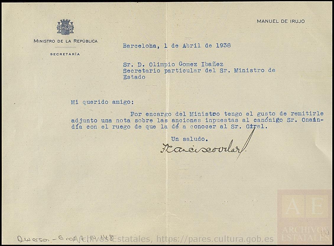Oficio remitido por la Secretaría del Ministerio de Justicia a Olimpio Gómez Ibáñez, secretario particular. Archivo Histórico Nacional, DIVERSOS-JOSE_GIRAL,7,N.148