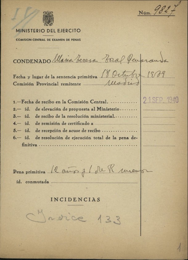 Archivo General Militar de Guadalajara, Comisión Central de Examen de Penas, penas ordinarias conmutadas, Comisión de Madrid, caja 300292, expediente 9827. ES.19030.AGMG/6.1.1.