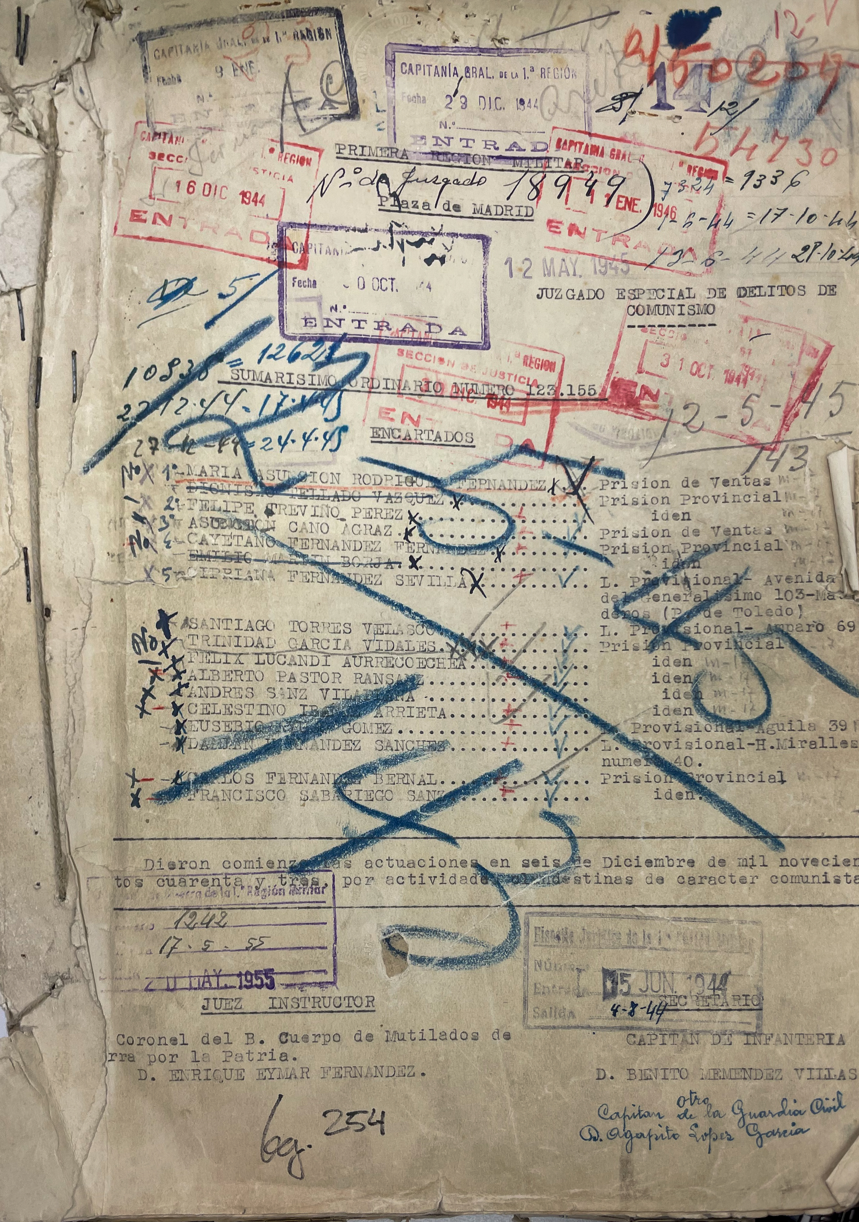 Documentación relativa a la justicia militar de Andrés Sanz Vilaplana. Archivo General e Histórico de Defensa. Justicia Militar, Tribunal Militar Territorial 1, serie Sumarísimos, Madrid, 1943, sumario 123155, caja 463, orden 5.