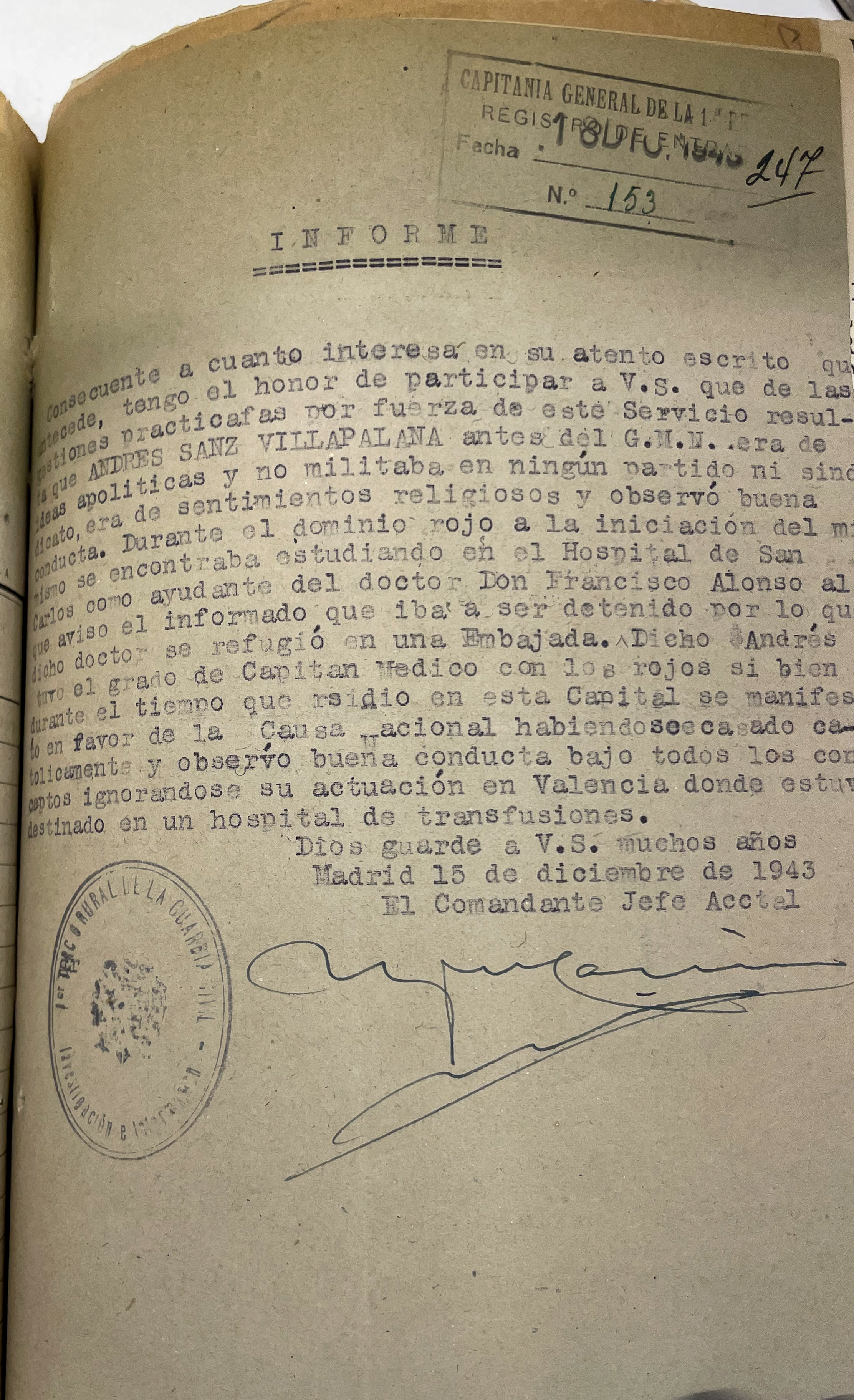 Documentación relativa a la justicia militar de Andrés Sanz Vilaplana. Archivo General e Histórico de Defensa. Justicia Militar, Tribunal Militar Territorial 1, serie Sumarísimos, Madrid, 1943, sumario 123155, caja 463, orden 5.