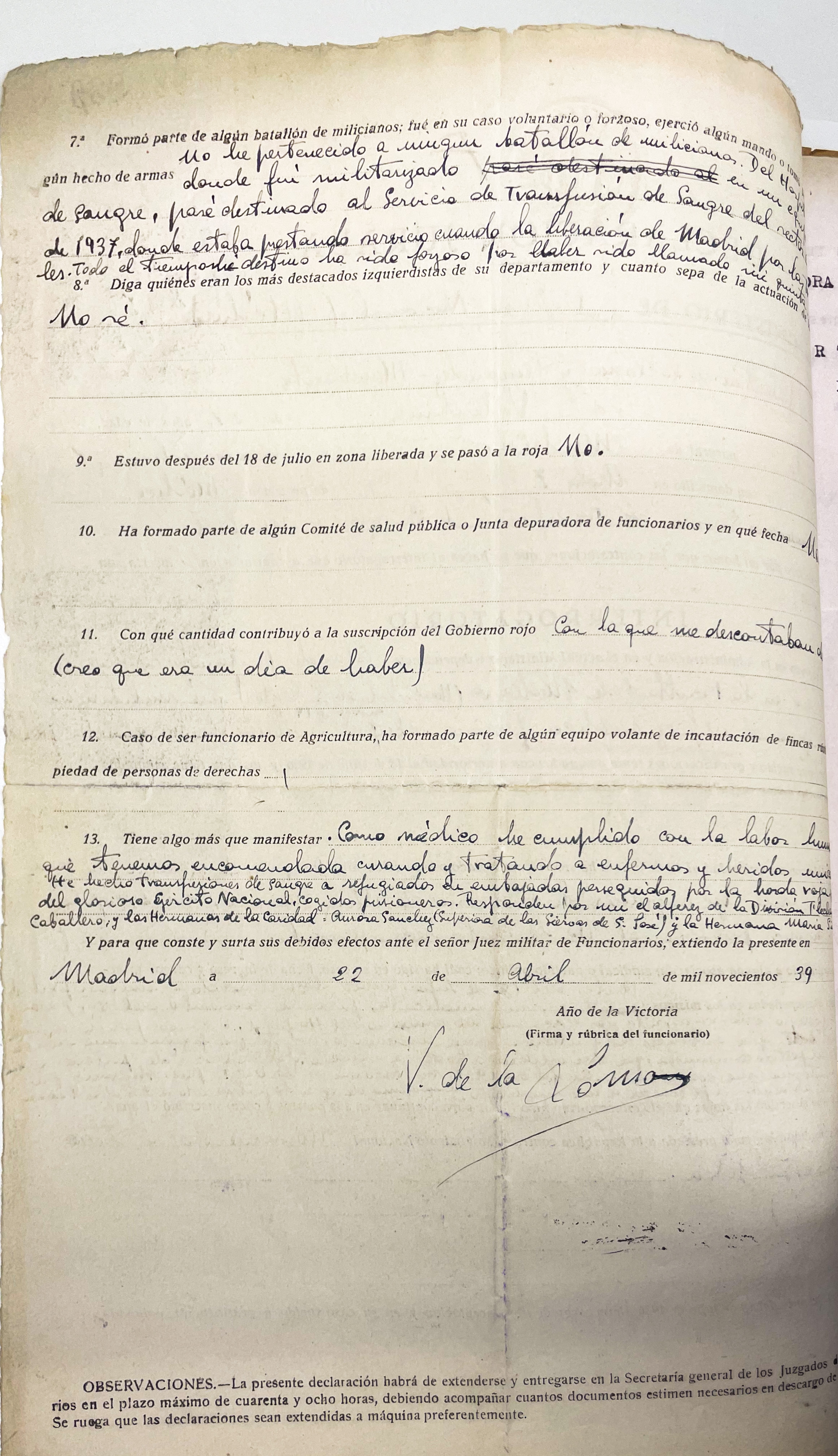Documentación de Valentín De Loma y Fernández-Marchante. Fuente: Archivo General e Histórico de Defensa, Tribunal Militar Territorial n.º 1 (Madrid), sumario 47218, caja 2692, orden 10, 1939.