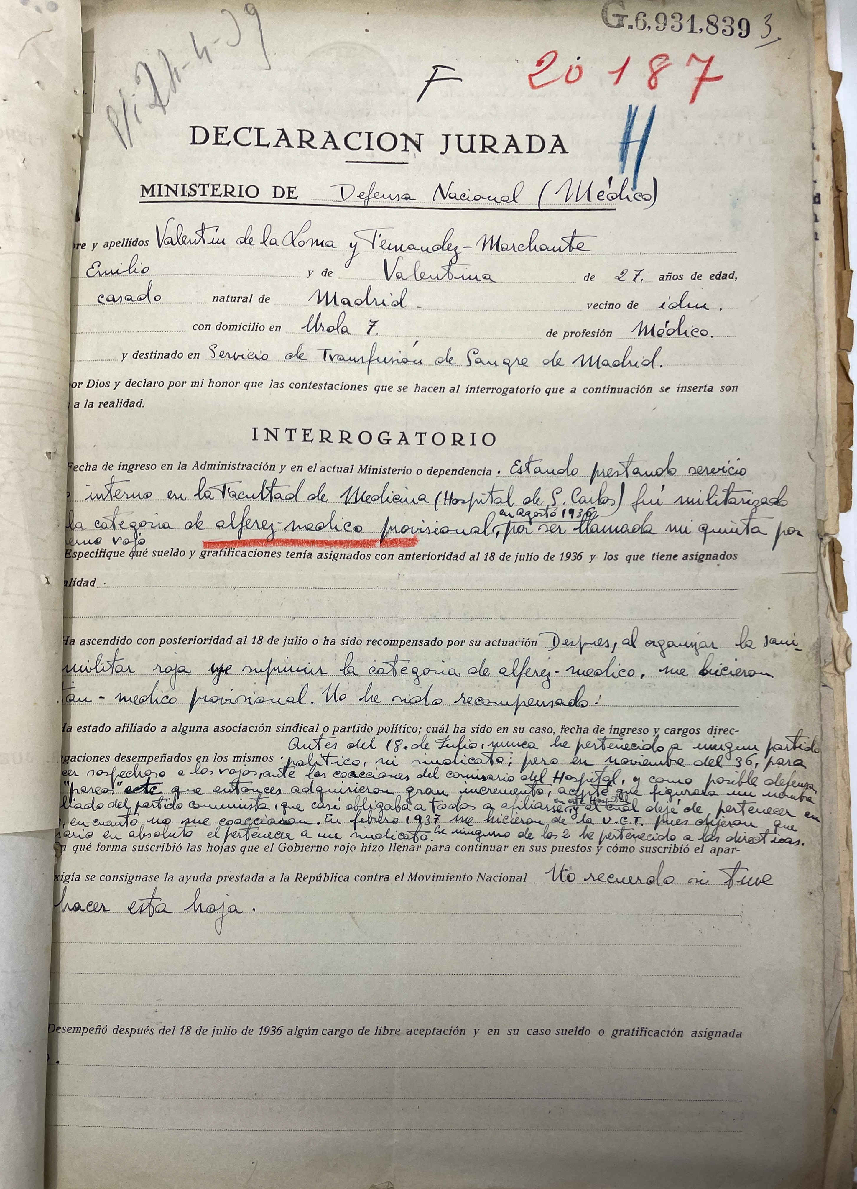 Documentación de Valentín De Loma y Fernández-Marchante. Fuente: Archivo General e Histórico de Defensa, Tribunal Militar Territorial n.º 1 (Madrid), sumario 47218, caja 2692, orden 10, 1939.