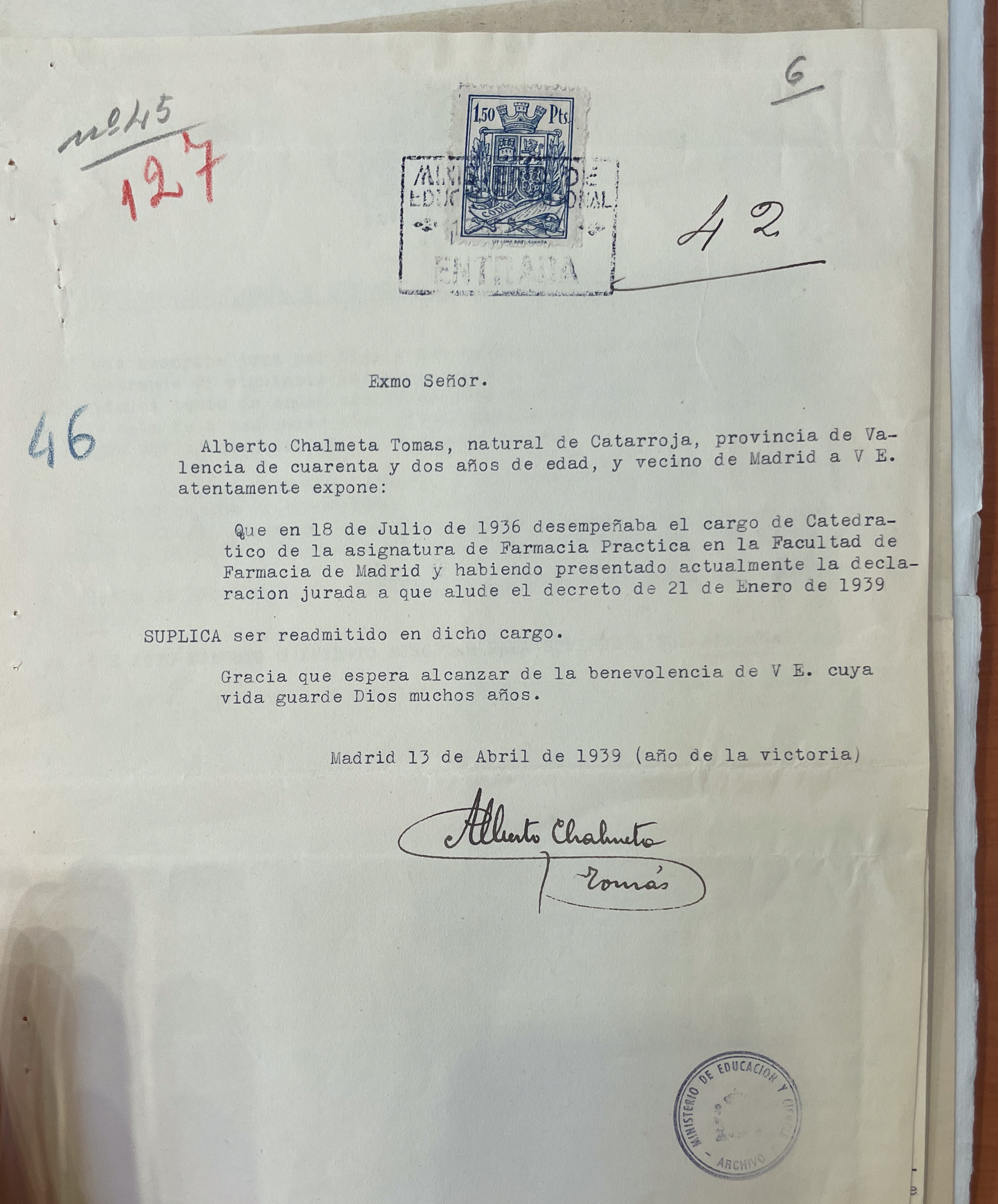 AGA, expedientes personales de catedráticos, 21/20523, expediente de Alberto Chalmeta y Tomás 31.019/155