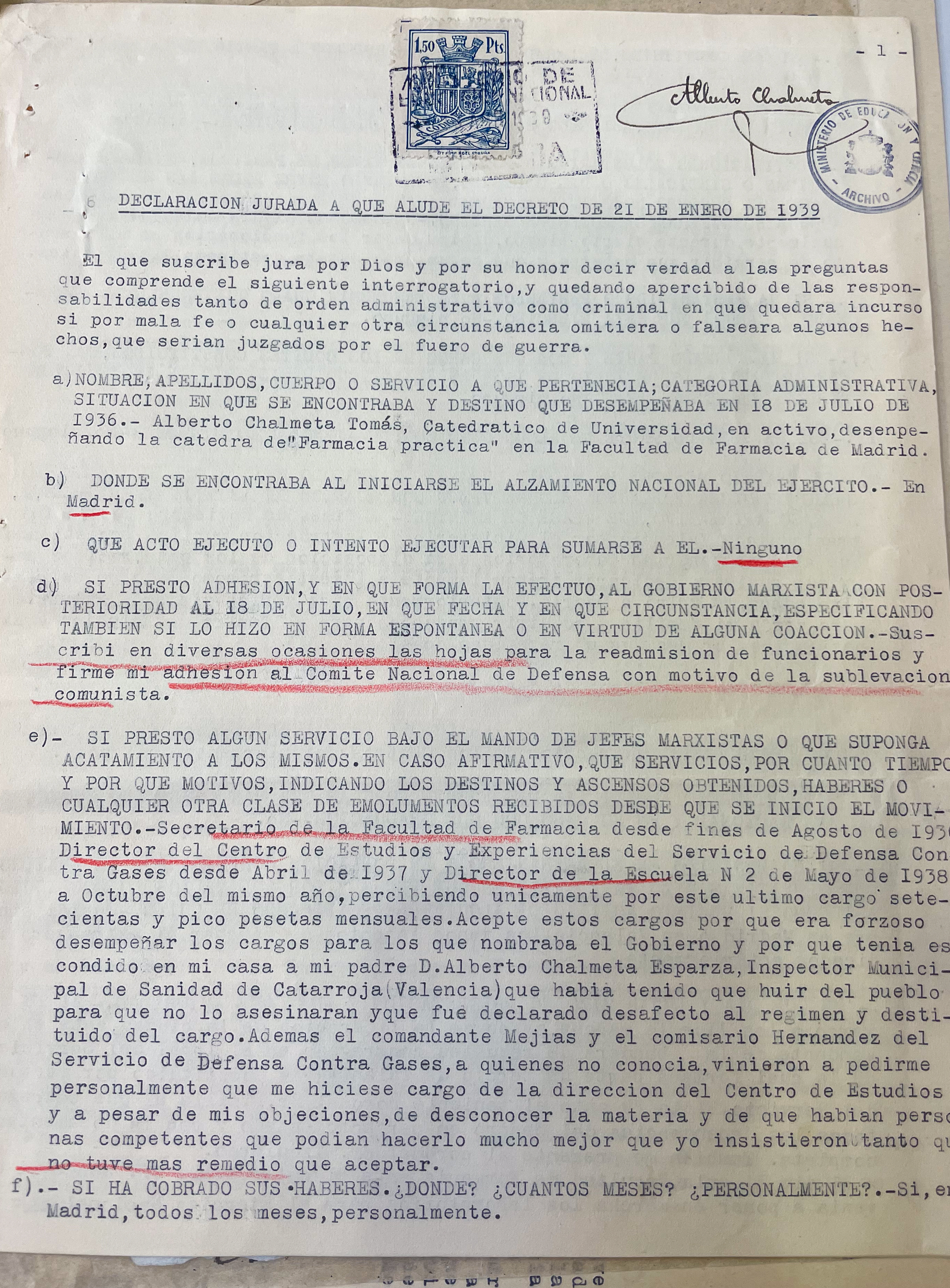 AGA, expedientes personales de catedráticos, 21/20523, expediente de Alberto Chalmeta y Tomás 31.019/155