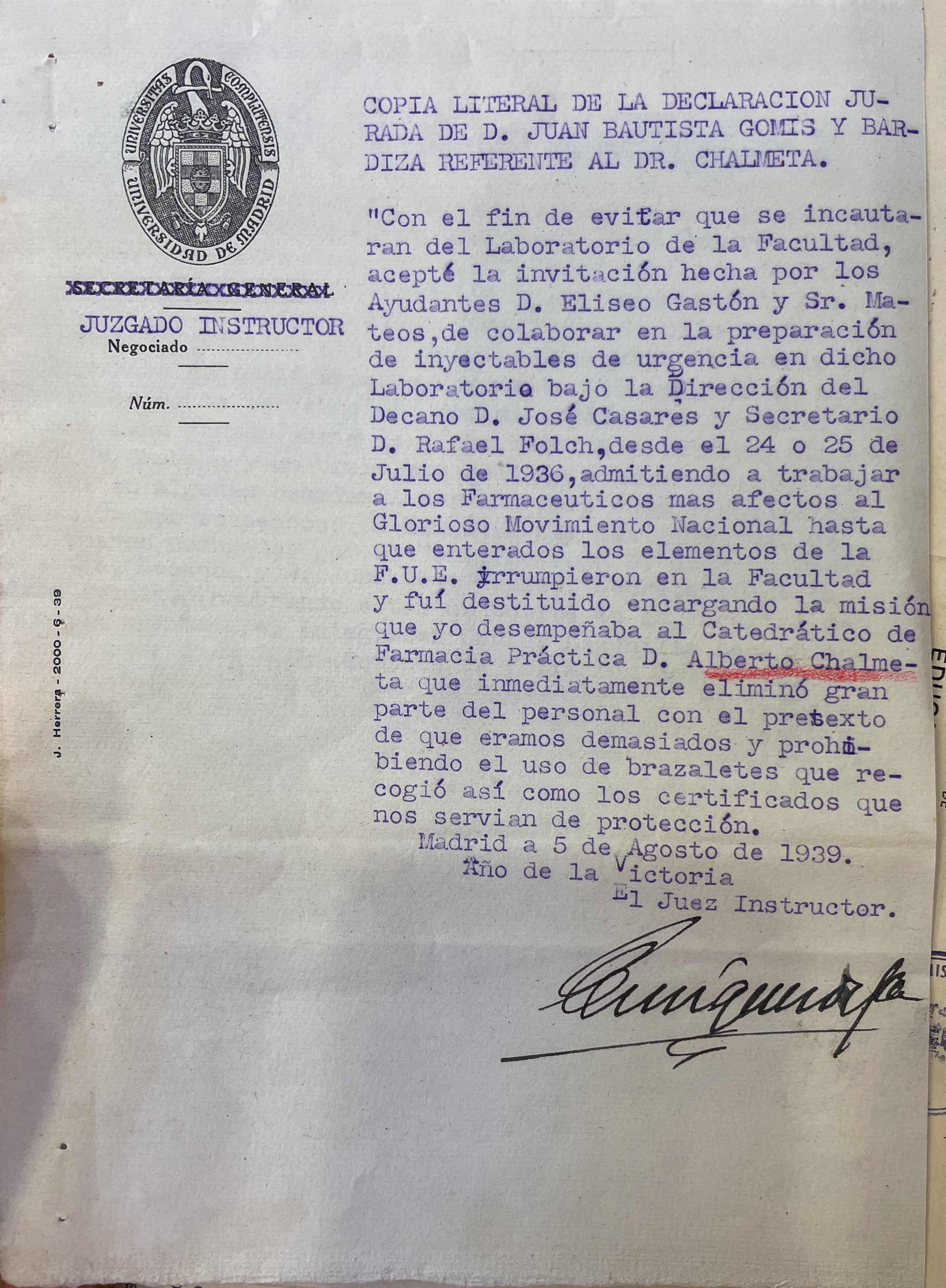 AGA, expedientes personales de catedráticos, 21/20523, expediente de Alberto Chalmeta y Tomás 31.019/155