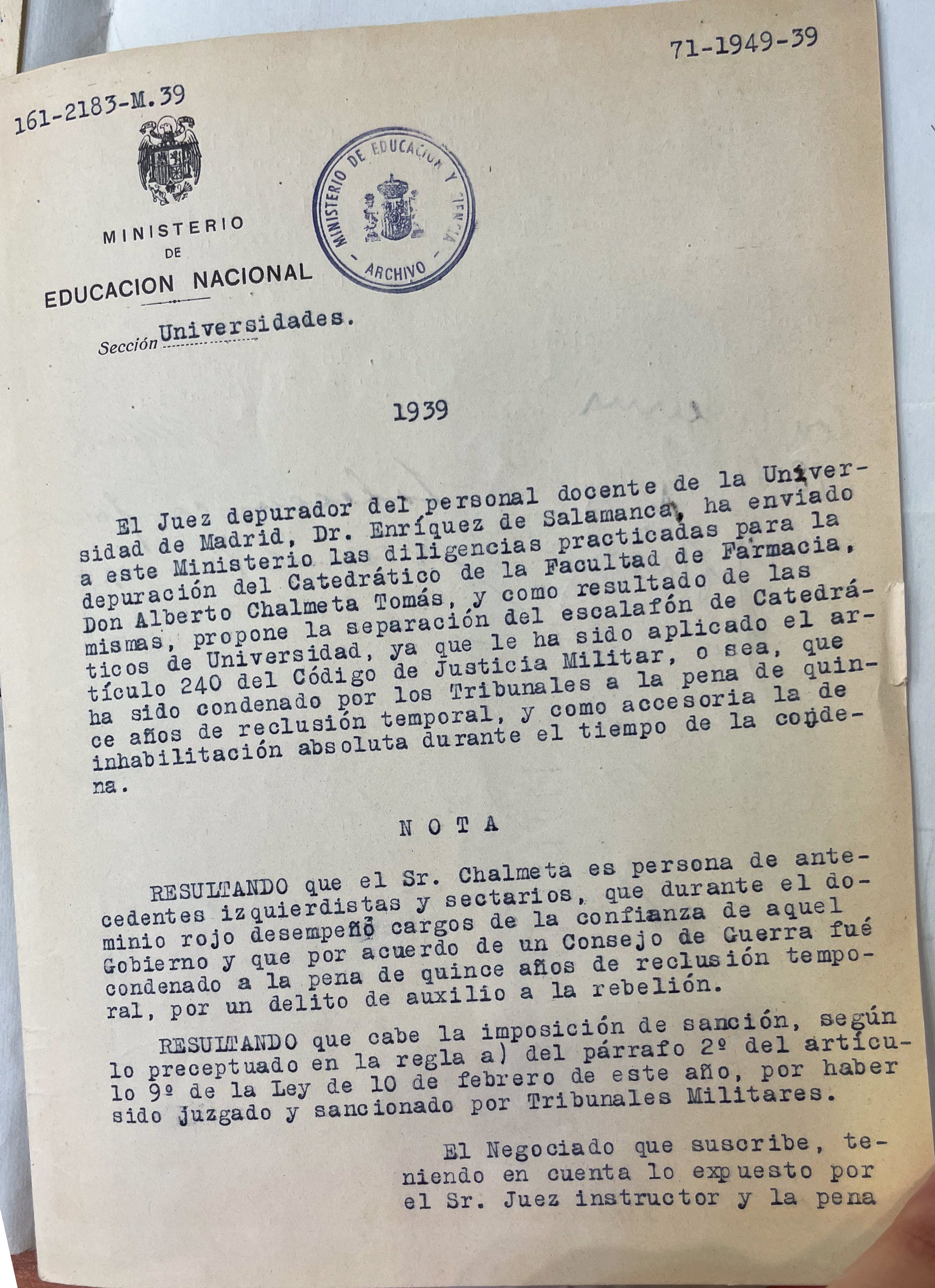 AGA, expedientes personales de catedráticos, 21/20523, expediente de Alberto Chalmeta y Tomás 31.019/155