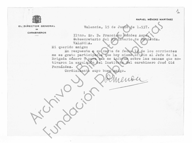 Archivo Fundación Pablo Iglesias, AH-26-26Carta de Rafael Méndez Martínez a Francisco Méndez Aspe (15-06-1937).