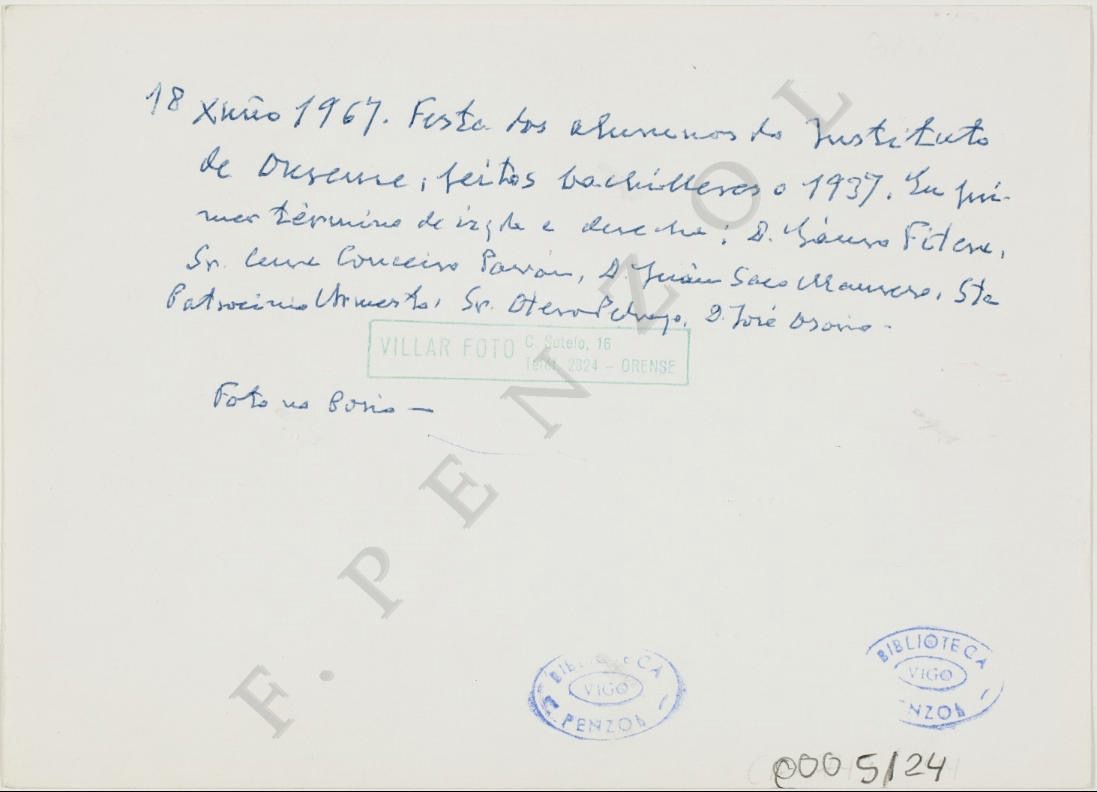 Reverso de la foto de la fiesta de antiguos alumnos graduados en 1937 del Instituto de Ourense. Fuente: https://arquivo.galiciana.gal/arpadweb/es/consulta/registro.do?id=1505159