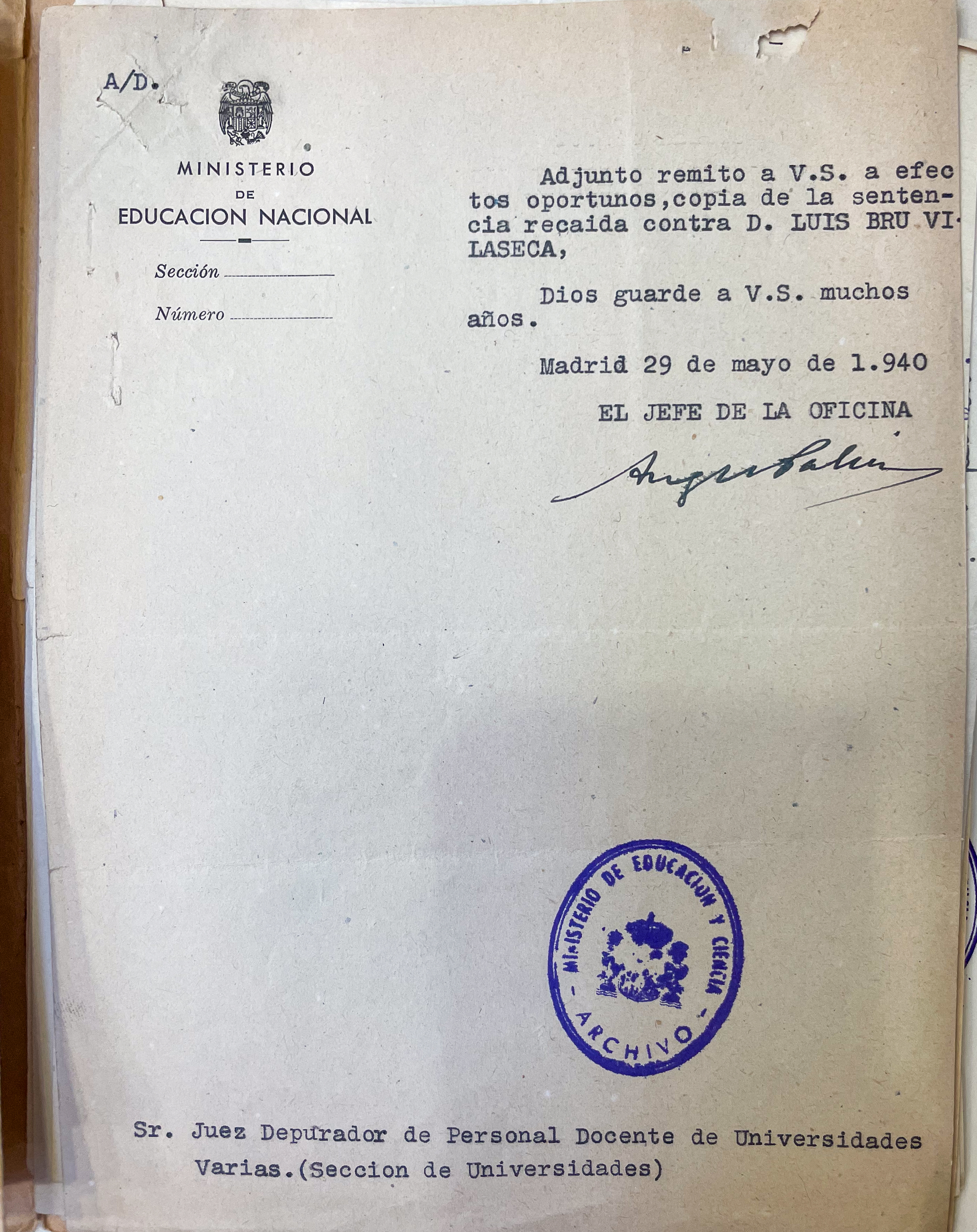 AGA, expedientes personales de catedráticos, 21/20521; expediente de Luis Bru, 31.018/144