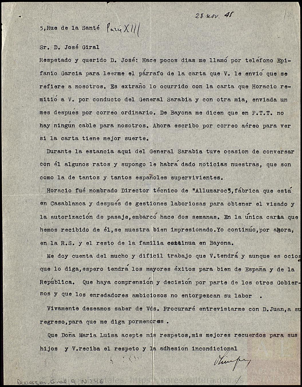 Carta de Olimpio Gómez Ibáñez a José Giral, presidente del Consejo de Ministros, relativa a diversos asuntos del exilio republicano en Francia; Archivo Histórico Nacional, DIVERSOS-JOSE_GIRAL,9,N.246