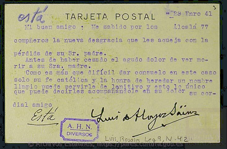 Carta de Luis de Hoyos  a Luis Rosales lamentando el fallecimiento del padre de este último. Fuente: Archivo Histórico Nacional, DIVERSOS-LUIS_ROSALES,9, N.42.