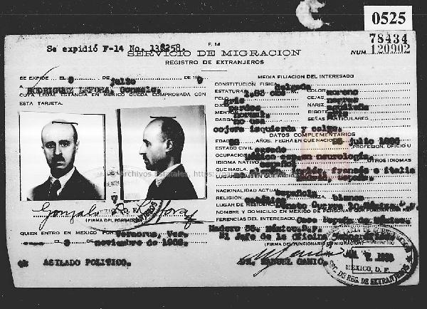 Ficha del Servicio de Emigración de Gonzalo Rodríguez Lafora