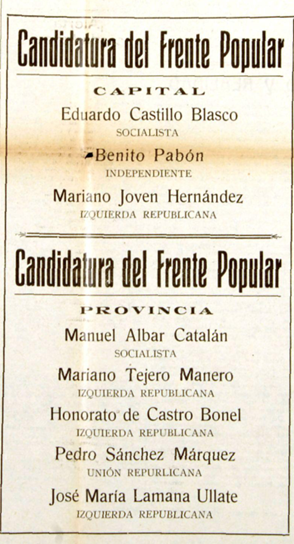 Anuncio de la Candidatura del Frente Popular en la que Honorato De Castro Bonel se presentó por Zaragoza en tiempos de la Segunda República.
