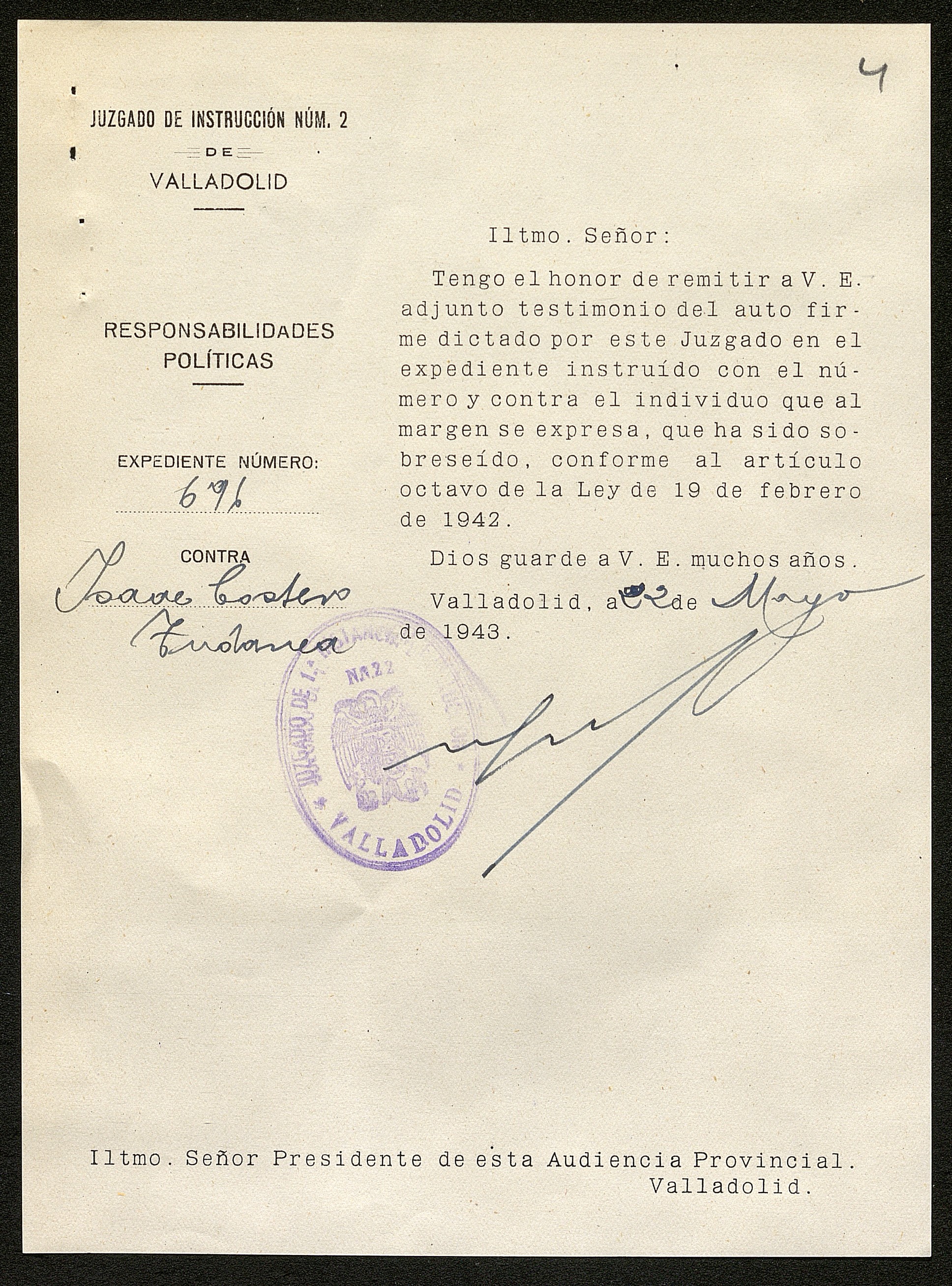 Documento de expediente del Tribunal  de Responsabilidades políticas abierto a Isaac Costero Tudanca.