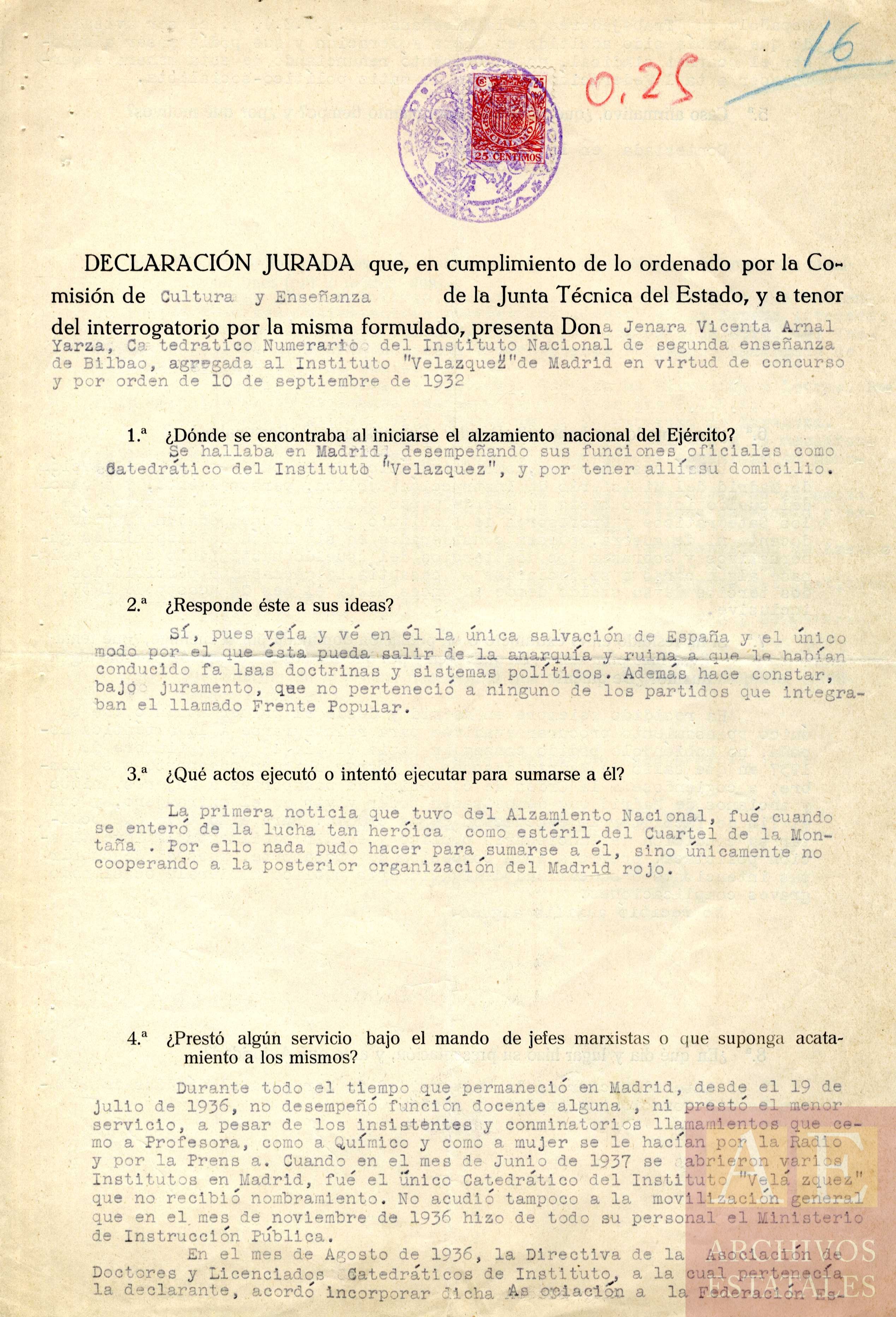 Expediente de depuración, declaración jurada de Jenara Vicenta Arnal Yarza