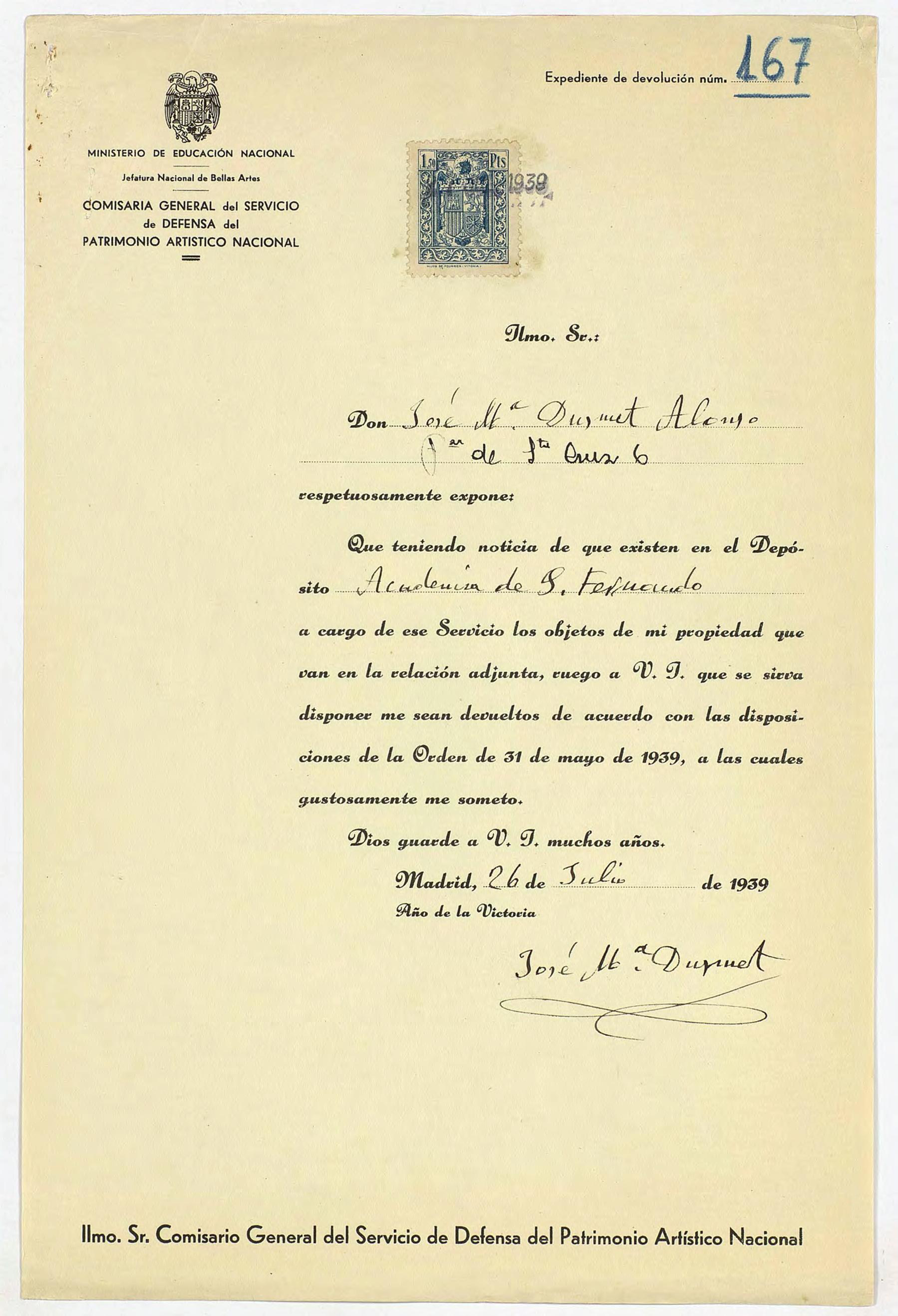 Carta de José María Dusmet Alonso al Comisario General del Servicio de Defensa del Patrimonio artístico nacional, indicando que parte de su colección estaba depositada en la Academia de San Fernando. 2 de julio de 1939. Fuente: Servicio de Defensa del Patrimonio Artístico Nacional (SDPAN). SDPAN 133/7. Código de Referencia: SRA_0802