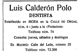 Anuncio de periódico de la consulta de Luis Calderón Polo
