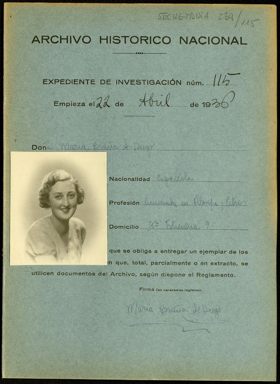 Documentación de María Manuela Braña de Diego procedente del Archivo Histórico Nacional.
