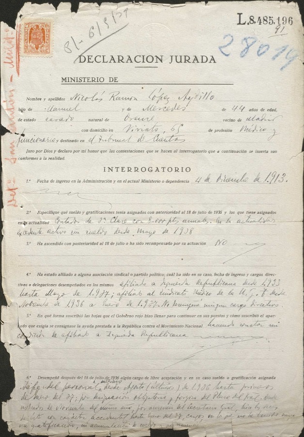 Declaración jurada de Nicolás Ramón López Aydillo. Archivo General e Histórico de Defensa. Justicia Militar, Tribunal Militar Territorial 1, serie Sumarísimos, Madrid, 1939, sumario 6356, caja 1284, orden 3.